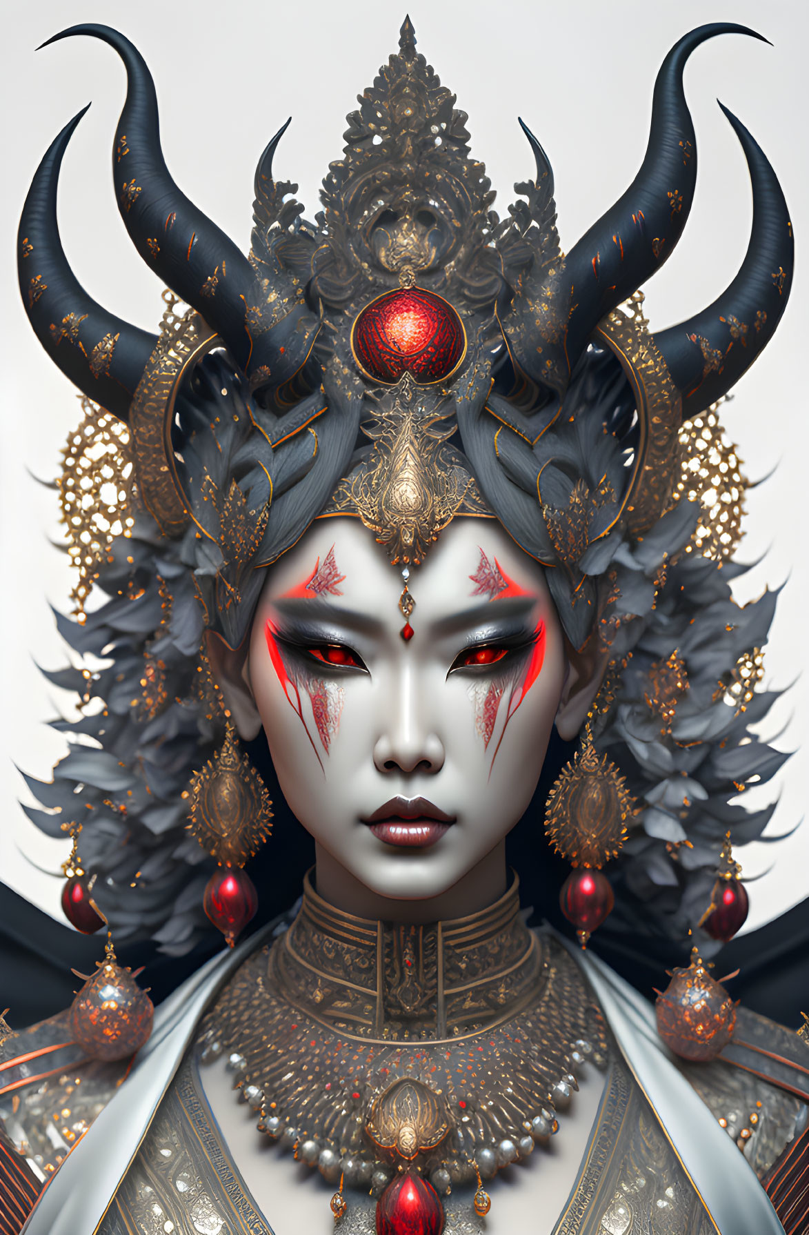 Horned headdress and intricate armor on female figure with red makeup