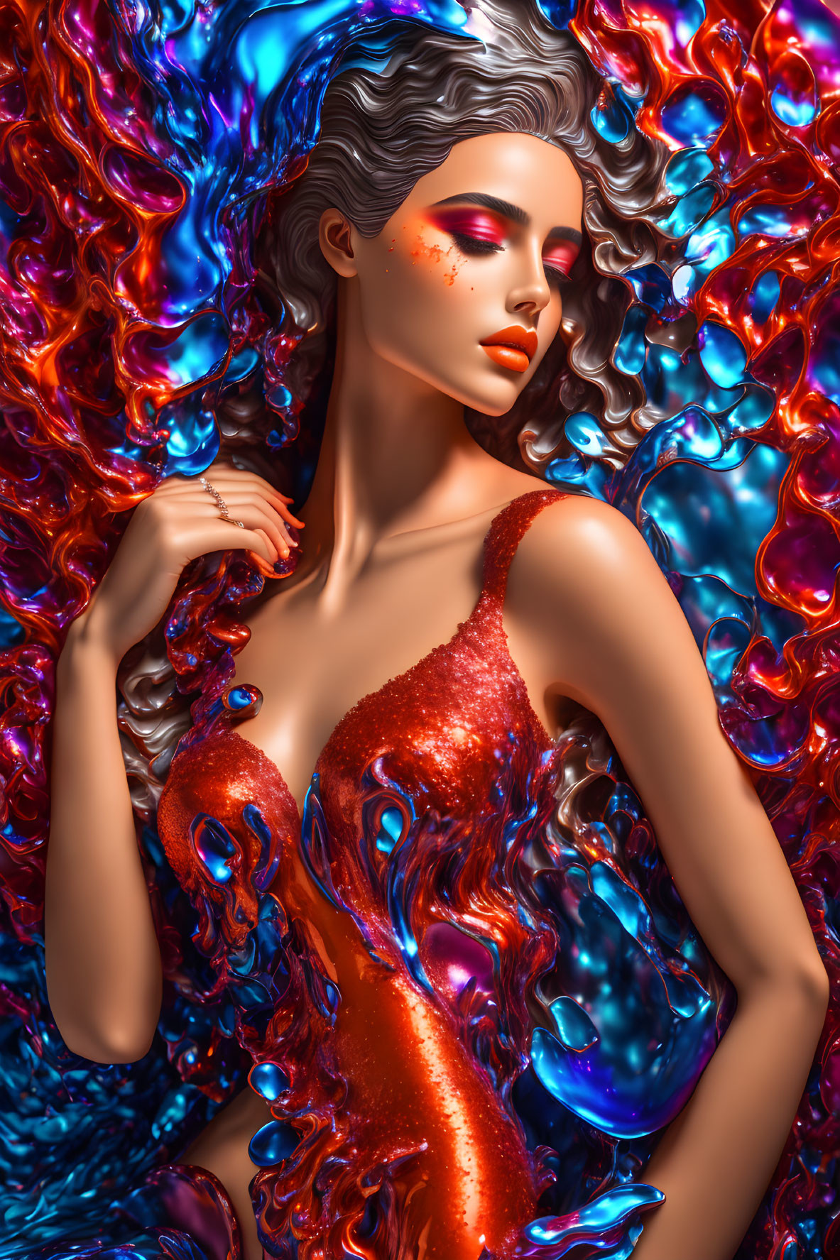 Vibrant digital artwork of woman with voluminous red and blue hair in glittering dress