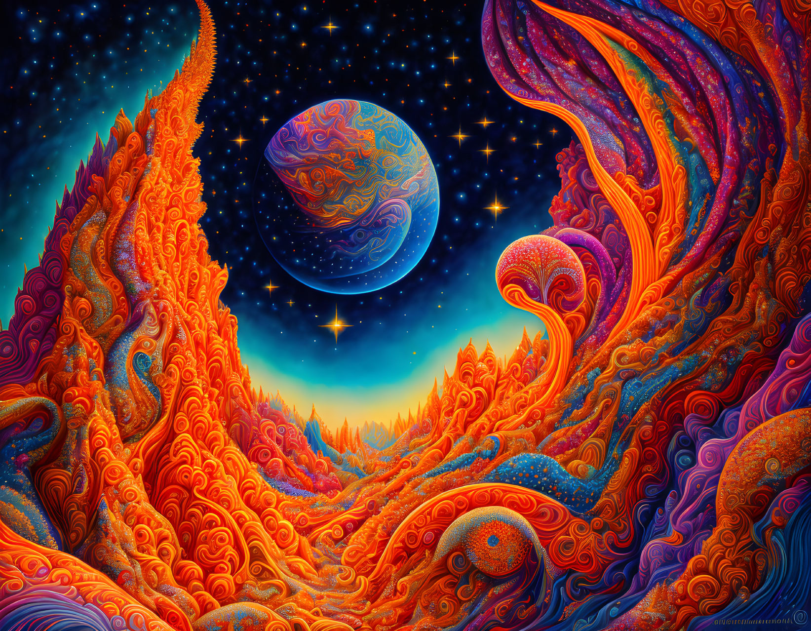 Colorful psychedelic landscape with swirling patterns and planet in starry sky