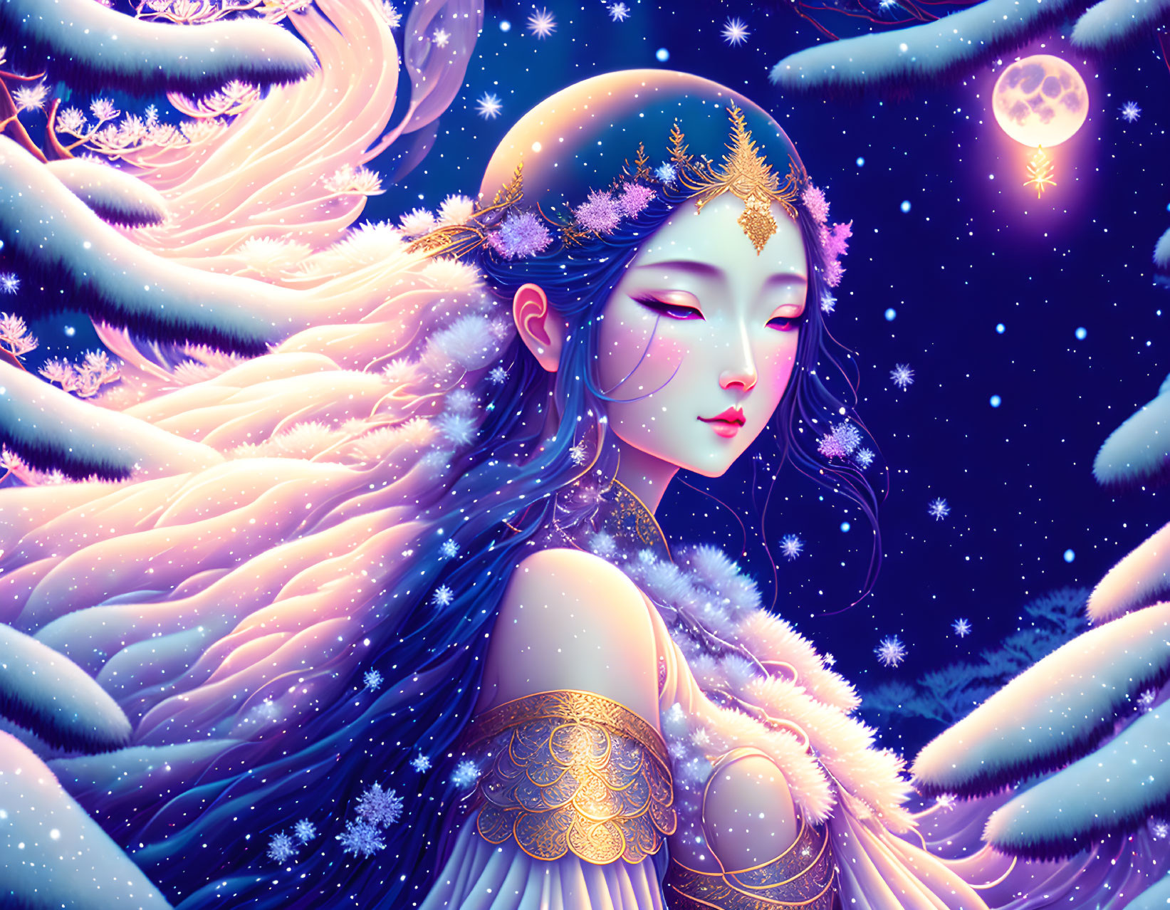 Ethereal illustration of woman with lavender hair in mystical night sky