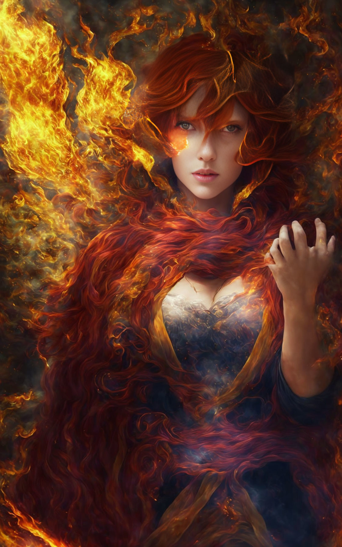 Red-haired woman with intense gaze against fiery backdrop