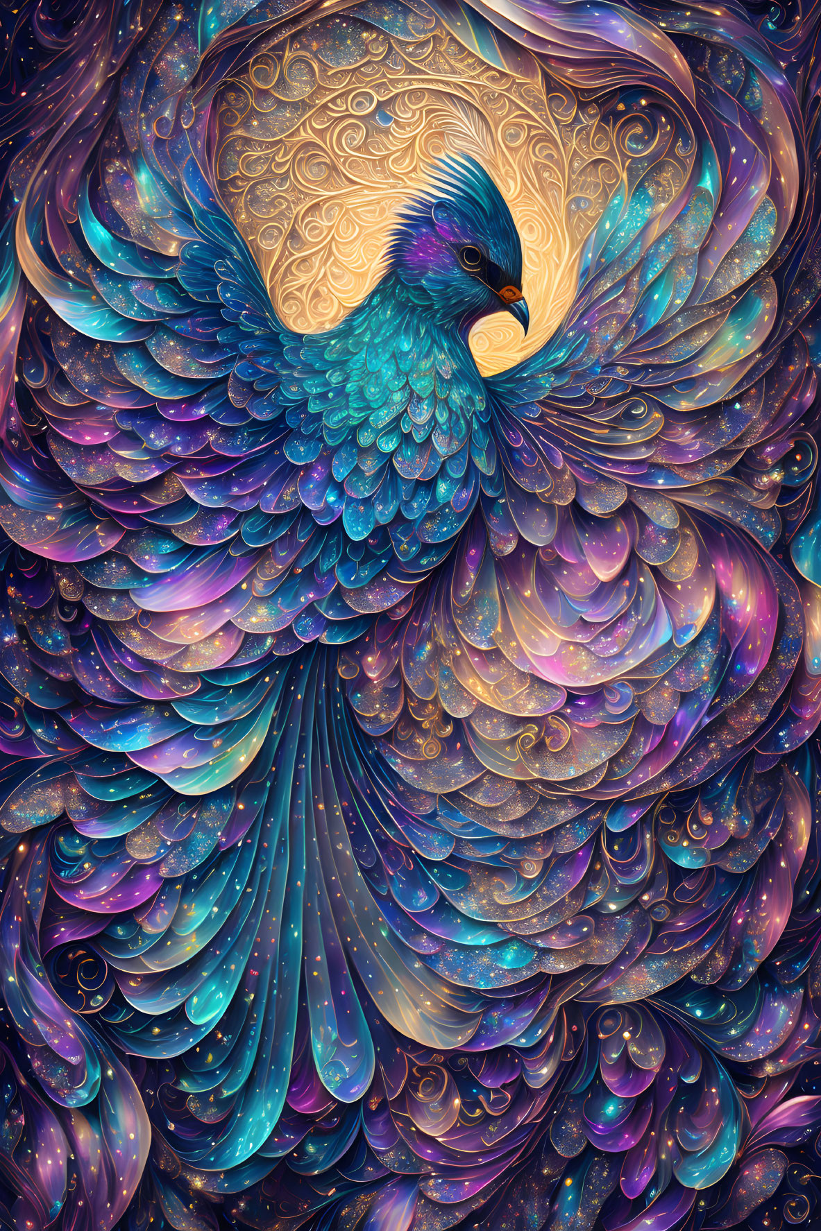 Colorful Phoenix Illustration with Blue and Purple Iridescent Feathers