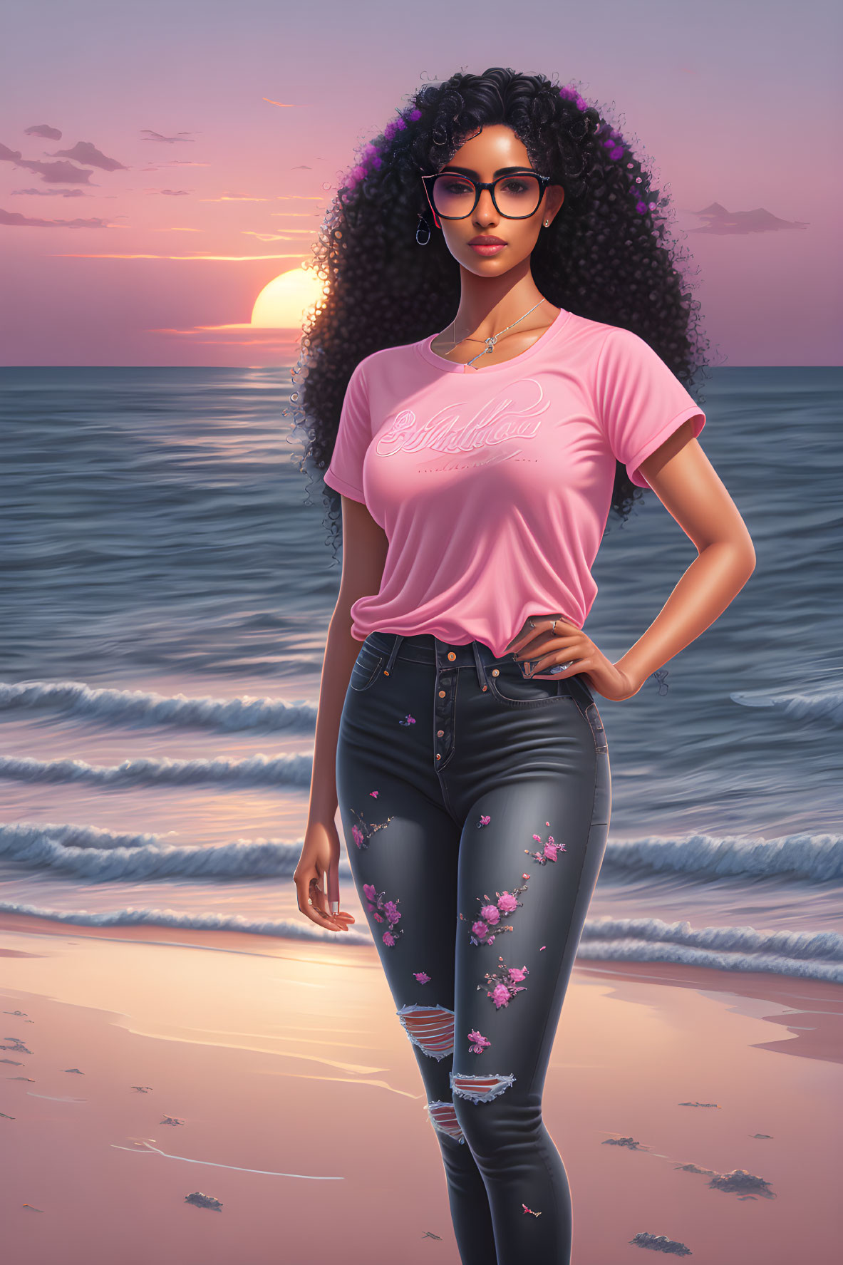 Illustration of woman with curly hair and glasses by sea at sunset