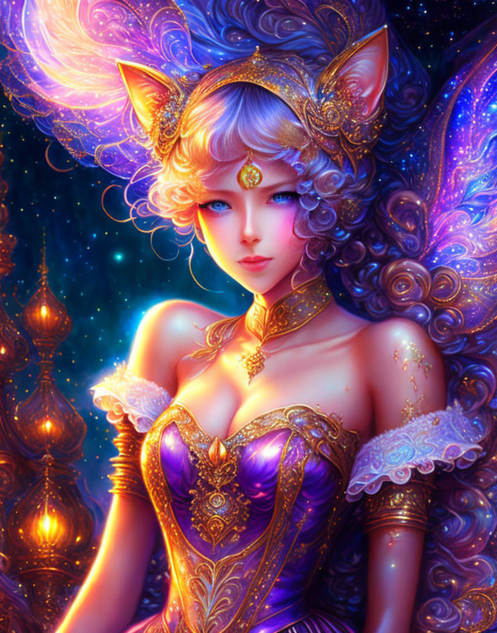 Illustrated character in gold and purple attire with cat ears in magical starry backdrop