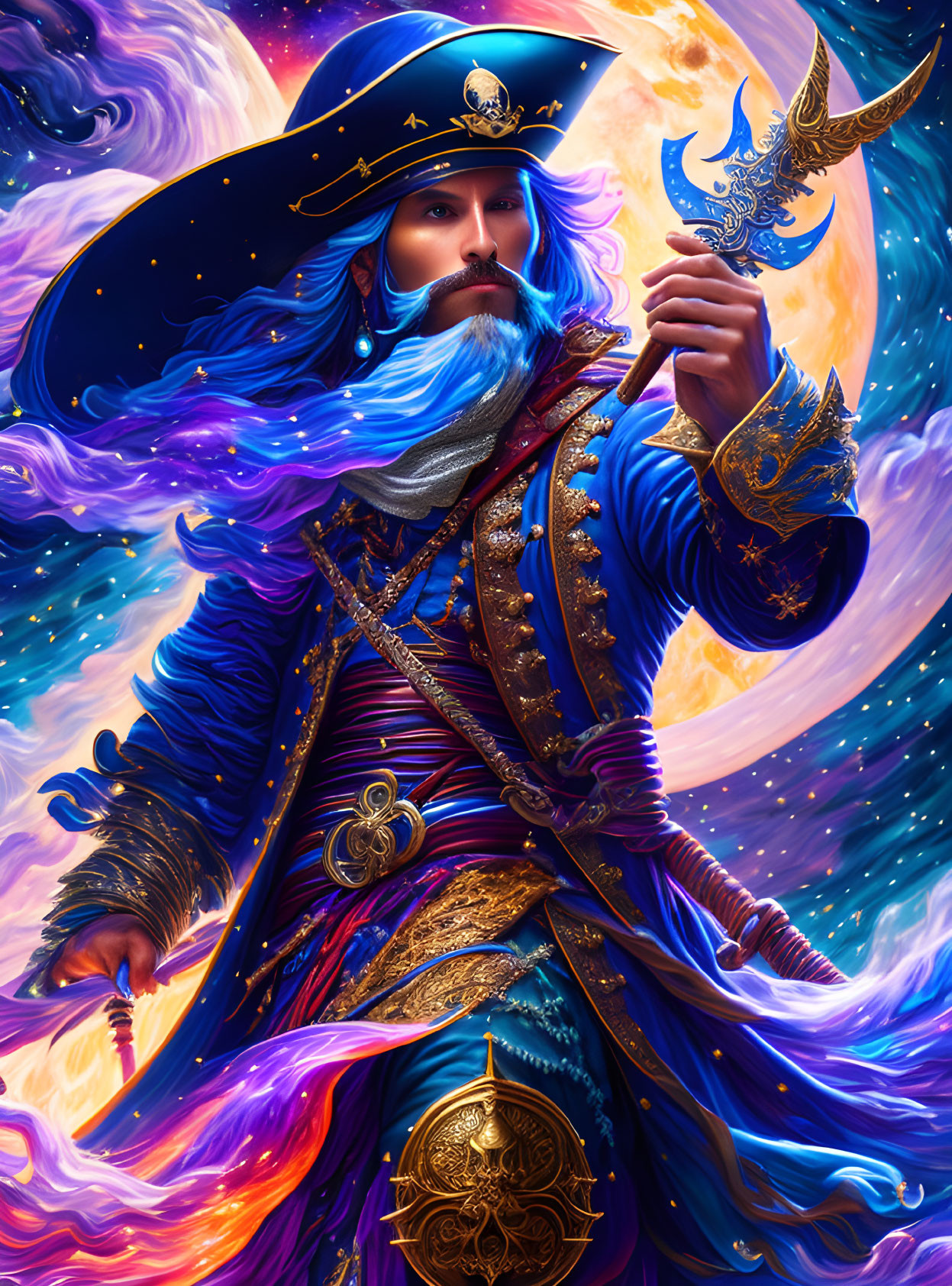 Illustration of wizard with blue beard in celestial attire and crescent moon staff.