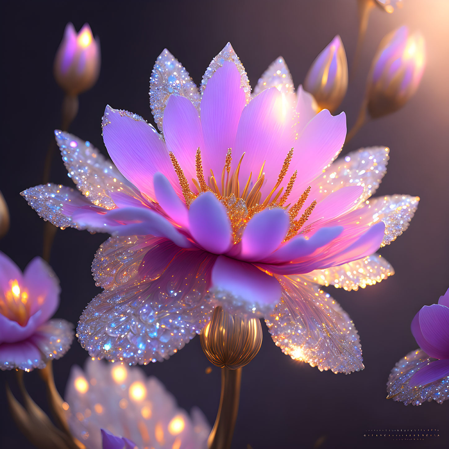 Glowing pink lotus with dewdrops on dark background and illuminated buds