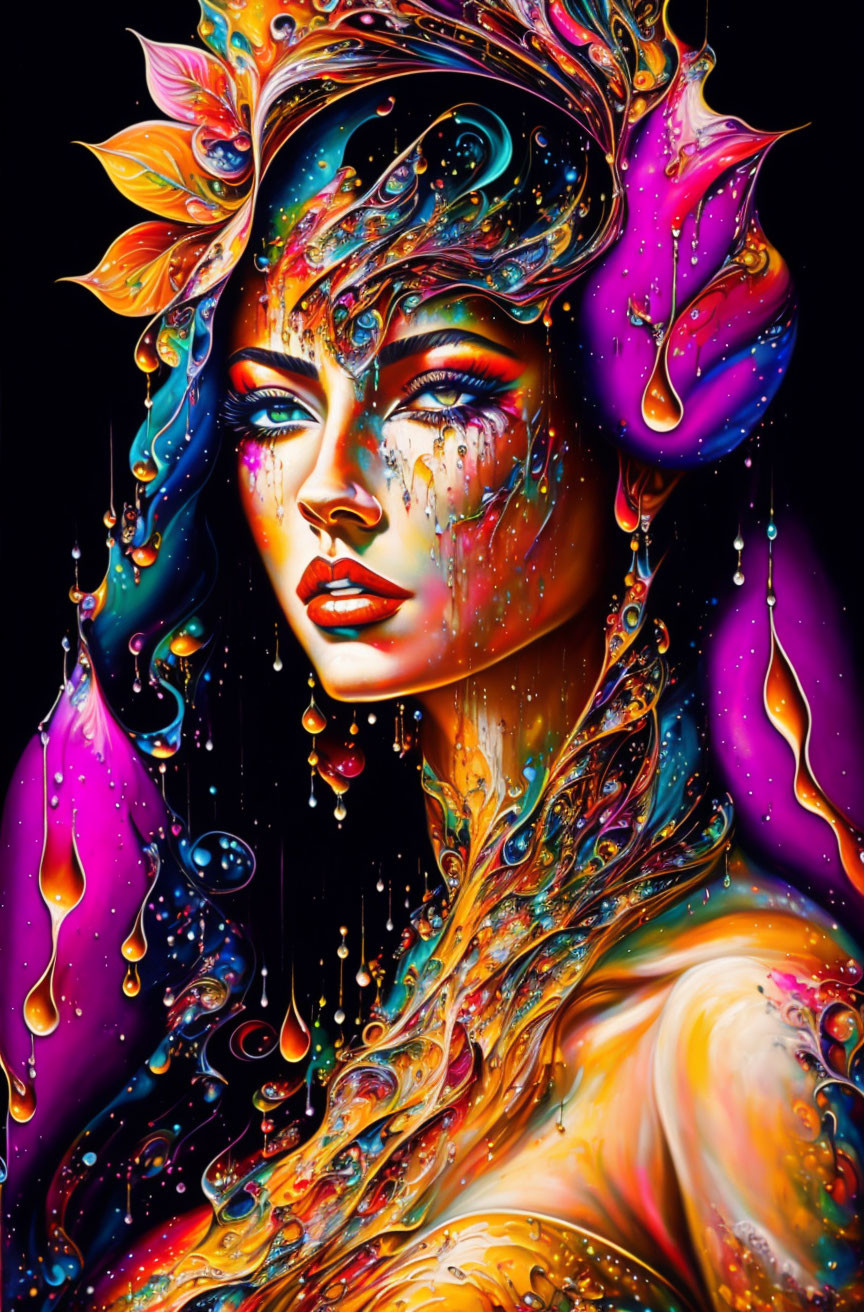 Colorful liquid and floral patterns merge with woman's face on black background