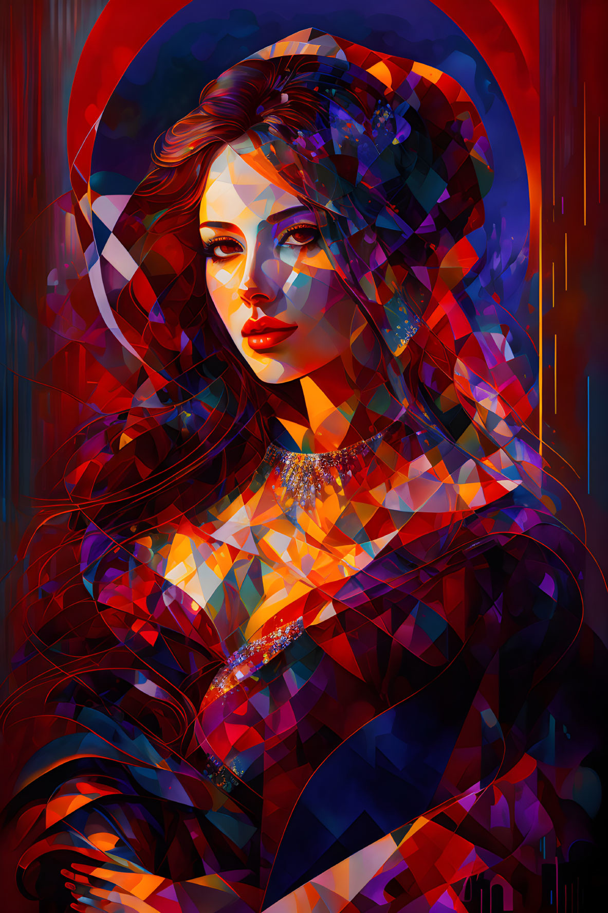 Colorful Abstract Portrait of Woman with Geometric Patterns