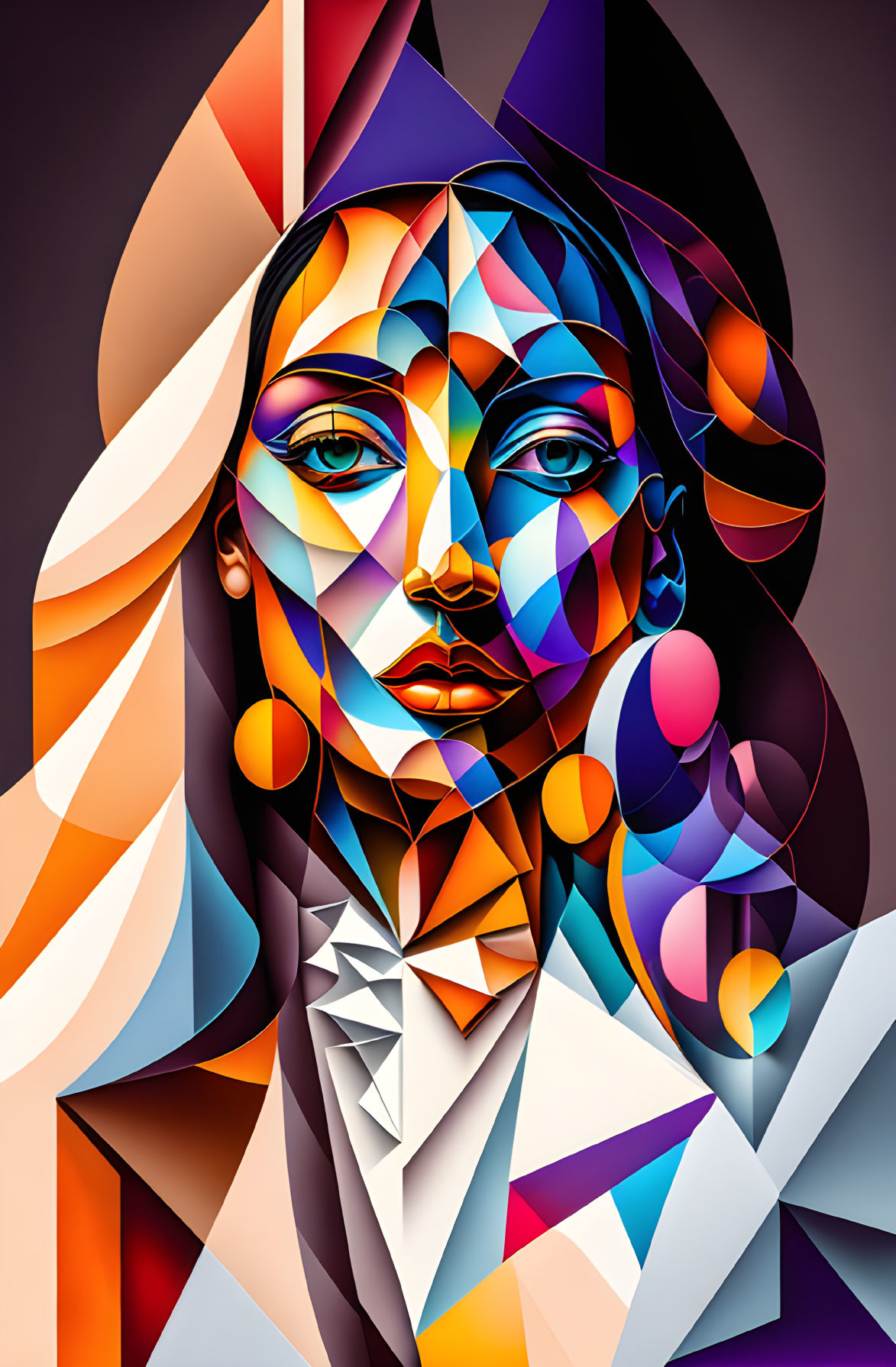 Vibrant geometric abstract portrait of a stylized female face