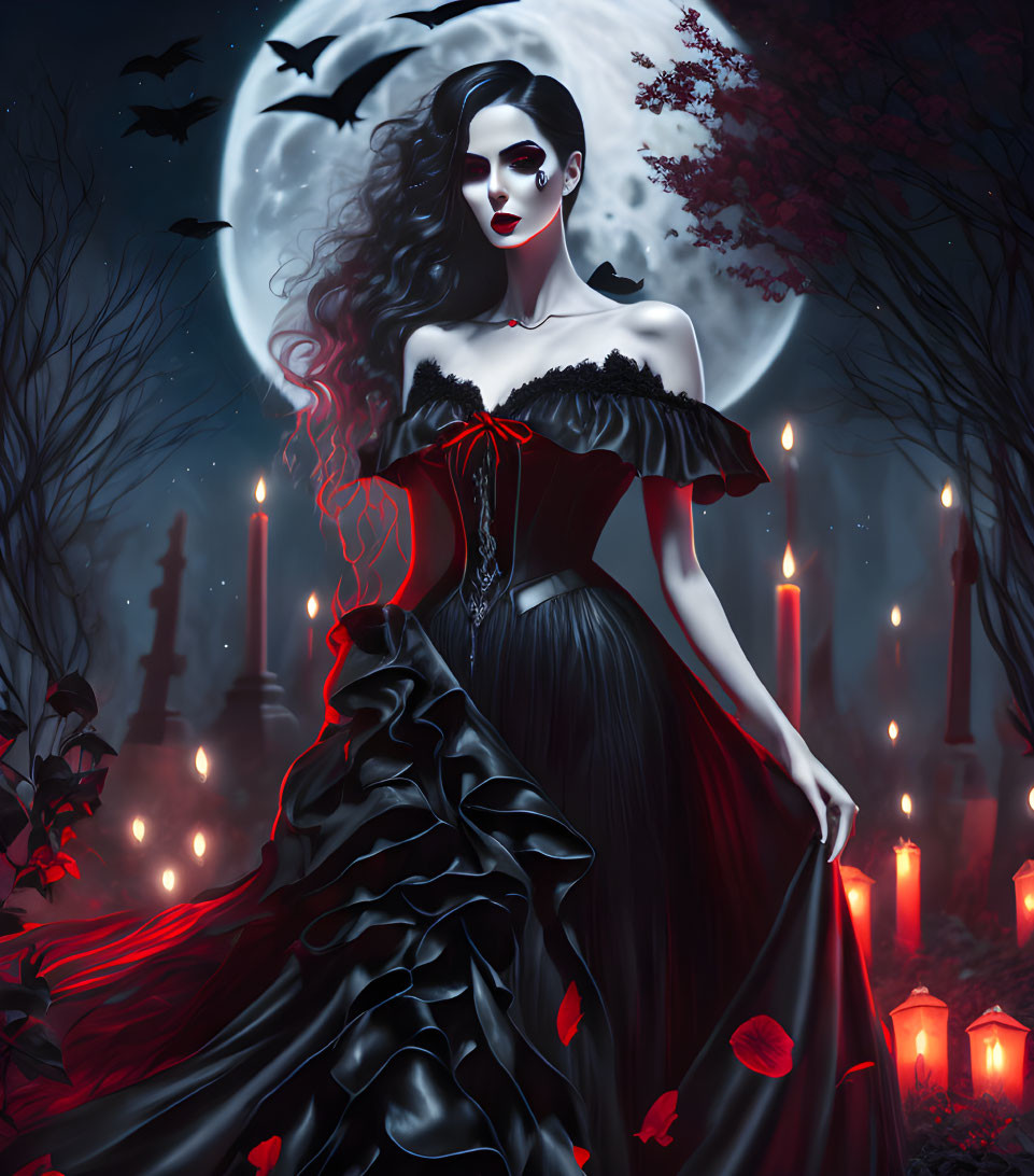 Gothic woman in black dress in moonlit cemetery with bats and red candles