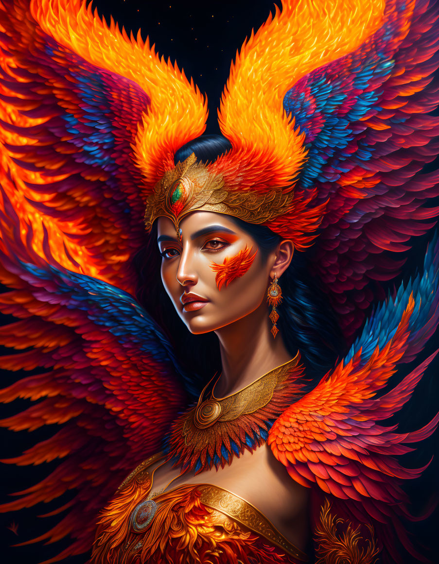 Digital portrait of a woman with fiery phoenix-style wings.