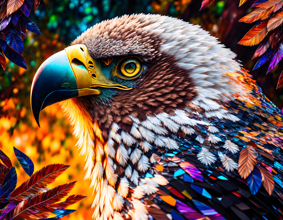 Detailed close-up of colorful eagle feathers against vibrant leaf backdrop