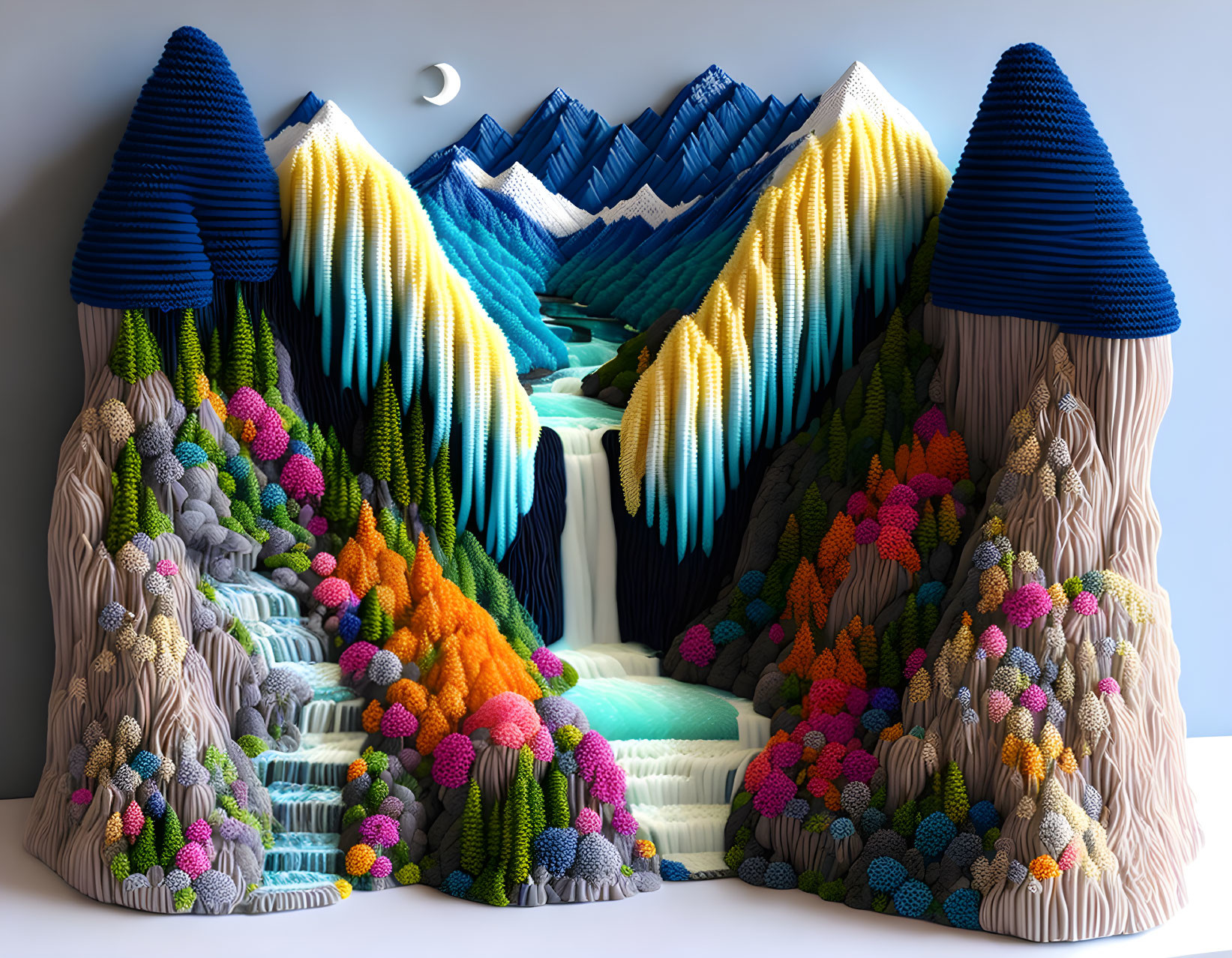 Colorful 3D artwork of stylized mountains, vibrant flora, and serene waterfall under crescent