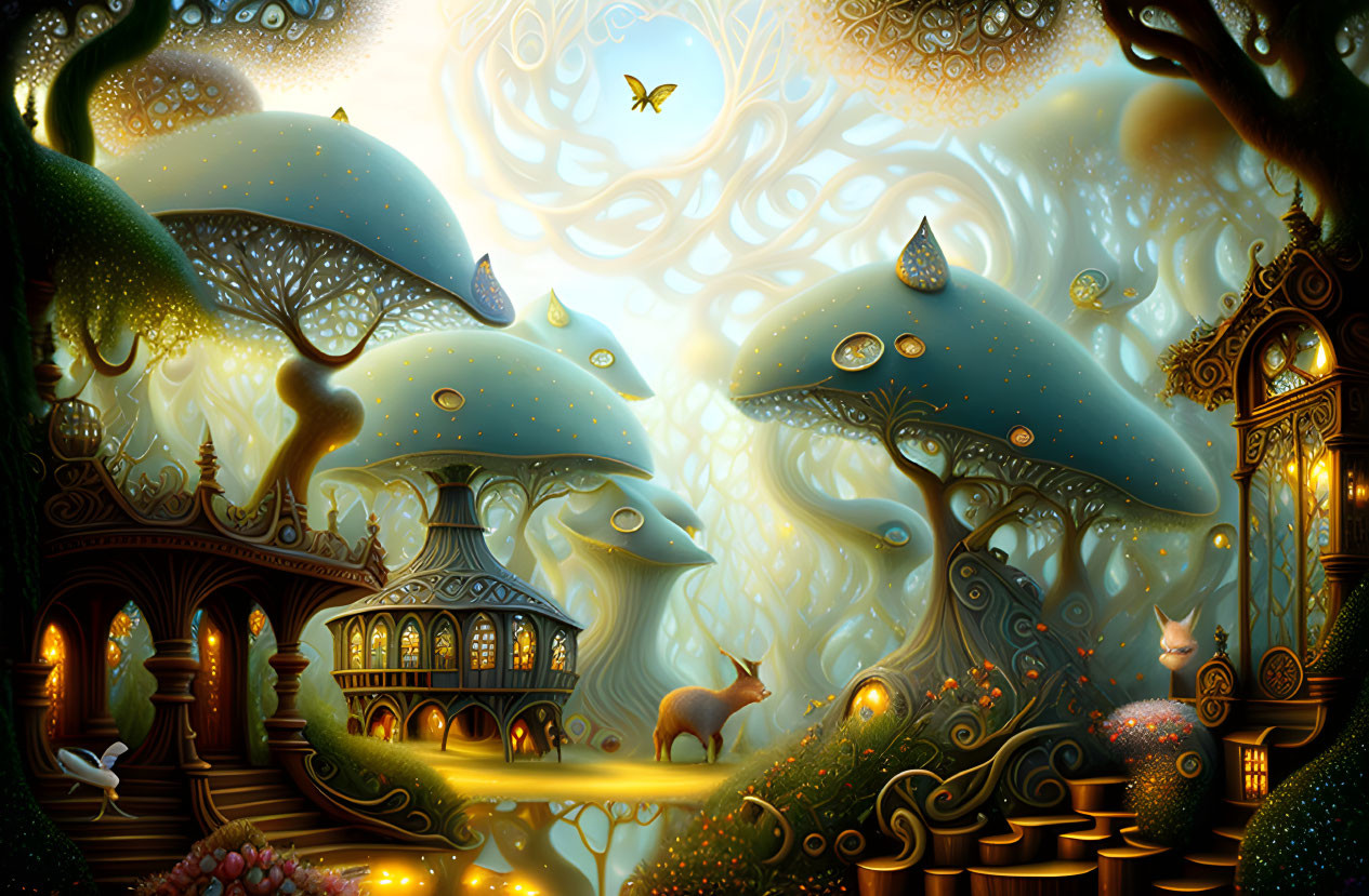 Enchanting fantasy forest with glowing mushrooms, intricate trees, and whimsical wildlife