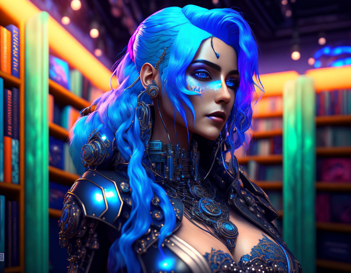 Blue-skinned character in cybernetic armor with wavy blue hair and tattoos, surrounded by colorful