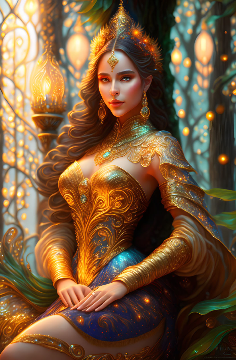 Regal queen in ornate golden dress in enchanted forest