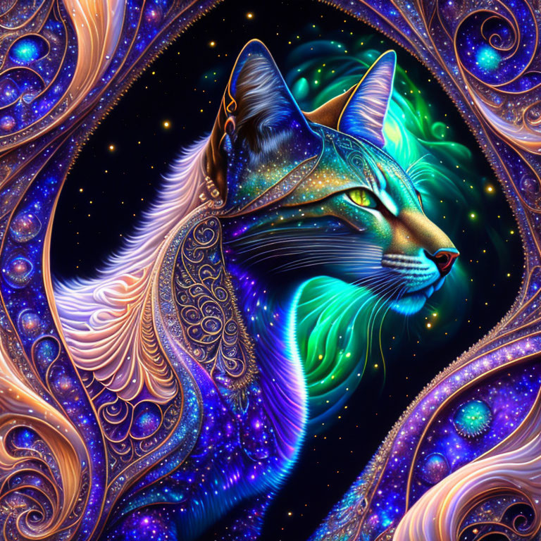 Colorful cosmic cat art with intricate patterns in blues and purples