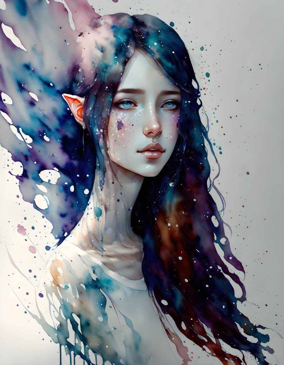 Young female fantasy portrait with elf ears, blue hair, cosmic colors, and ethereal look.