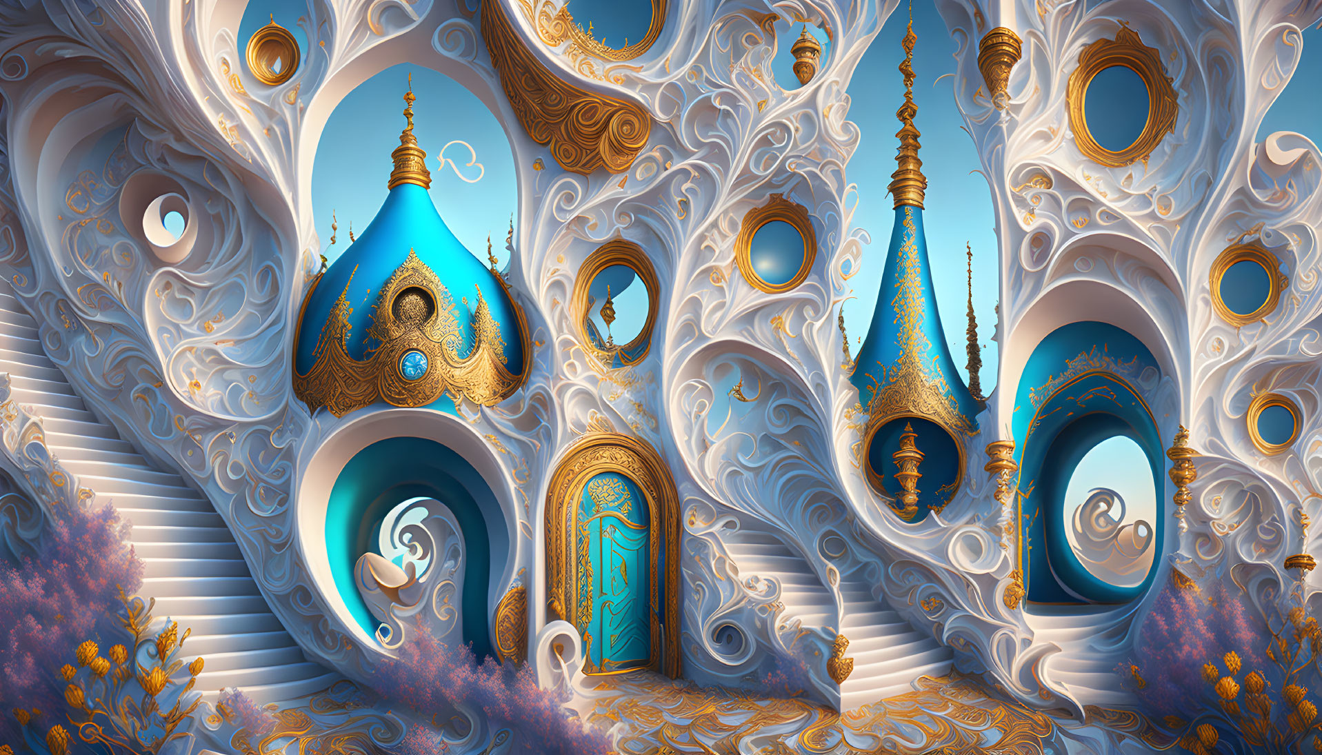 Surreal Landscape with Blue and Gold Architectural Elements