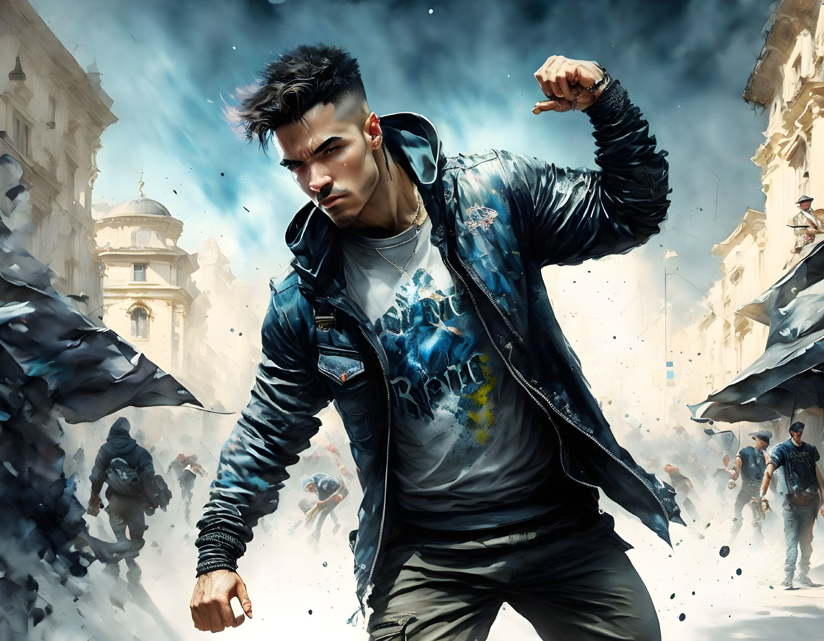 Illustration of determined man in leather jacket amidst chaos