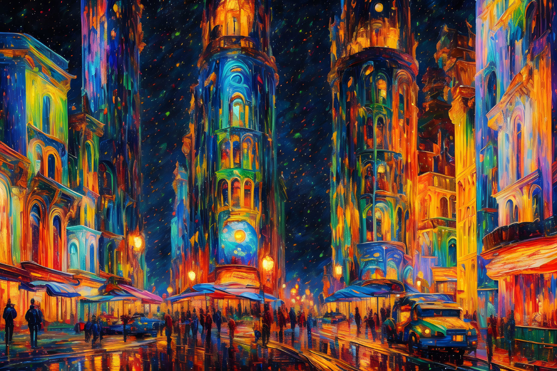 Impressionist-style painting of bustling city street at night