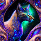 Colorful cosmic cat art with intricate patterns in blues and purples