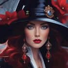 Portrait of a Woman with Red Hair, Freckles, Blue Eyes, and Floral Hat