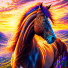 Majestic horse with fiery mane in colorful sunset landscape