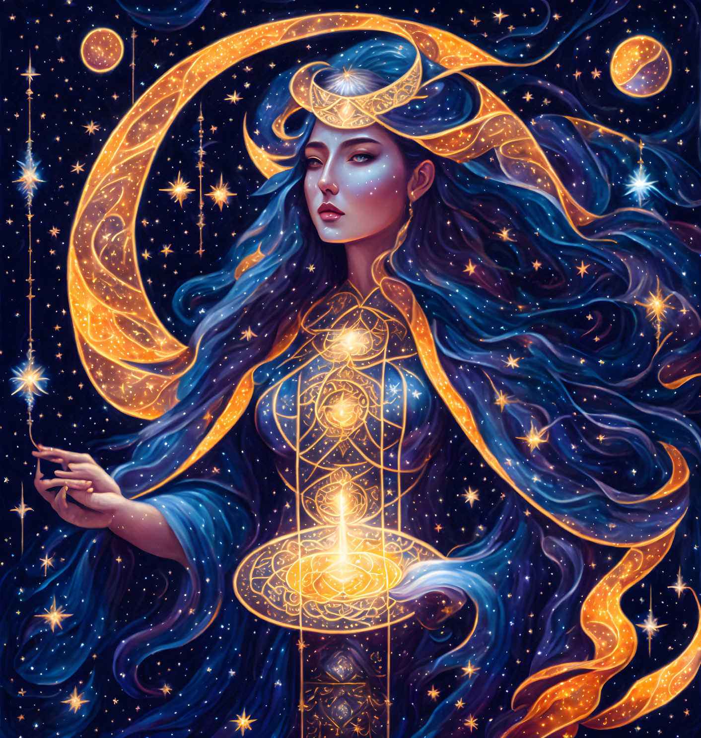 Blue-haired woman with crescent moon crown and lantern in cosmic setting