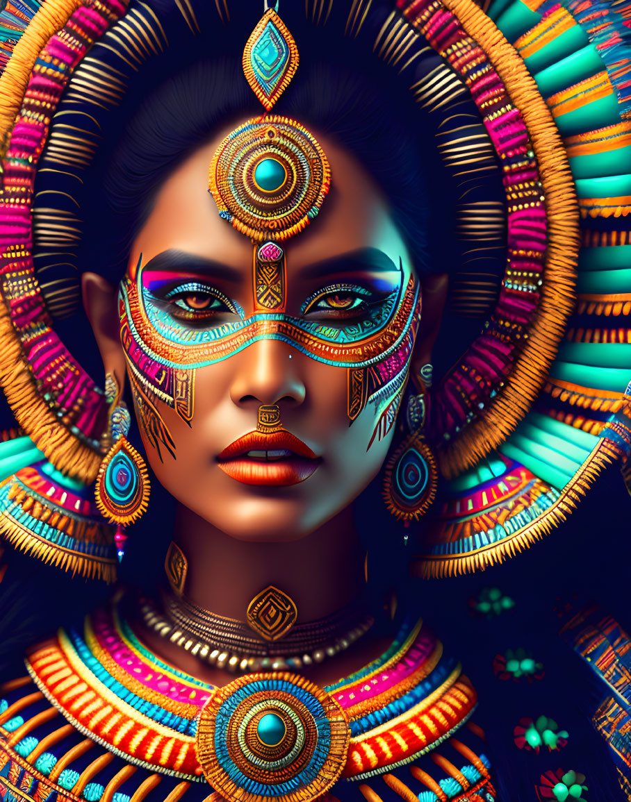 Colorful tribal makeup and ornate jewelry on a mystical woman