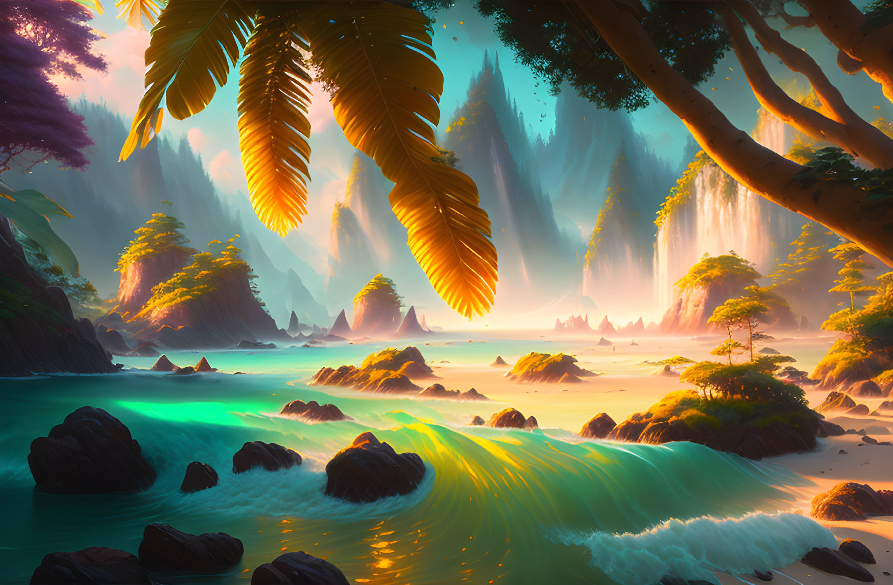 Tropical beach digital artwork with lush foliage, rocks, waves, waterfalls