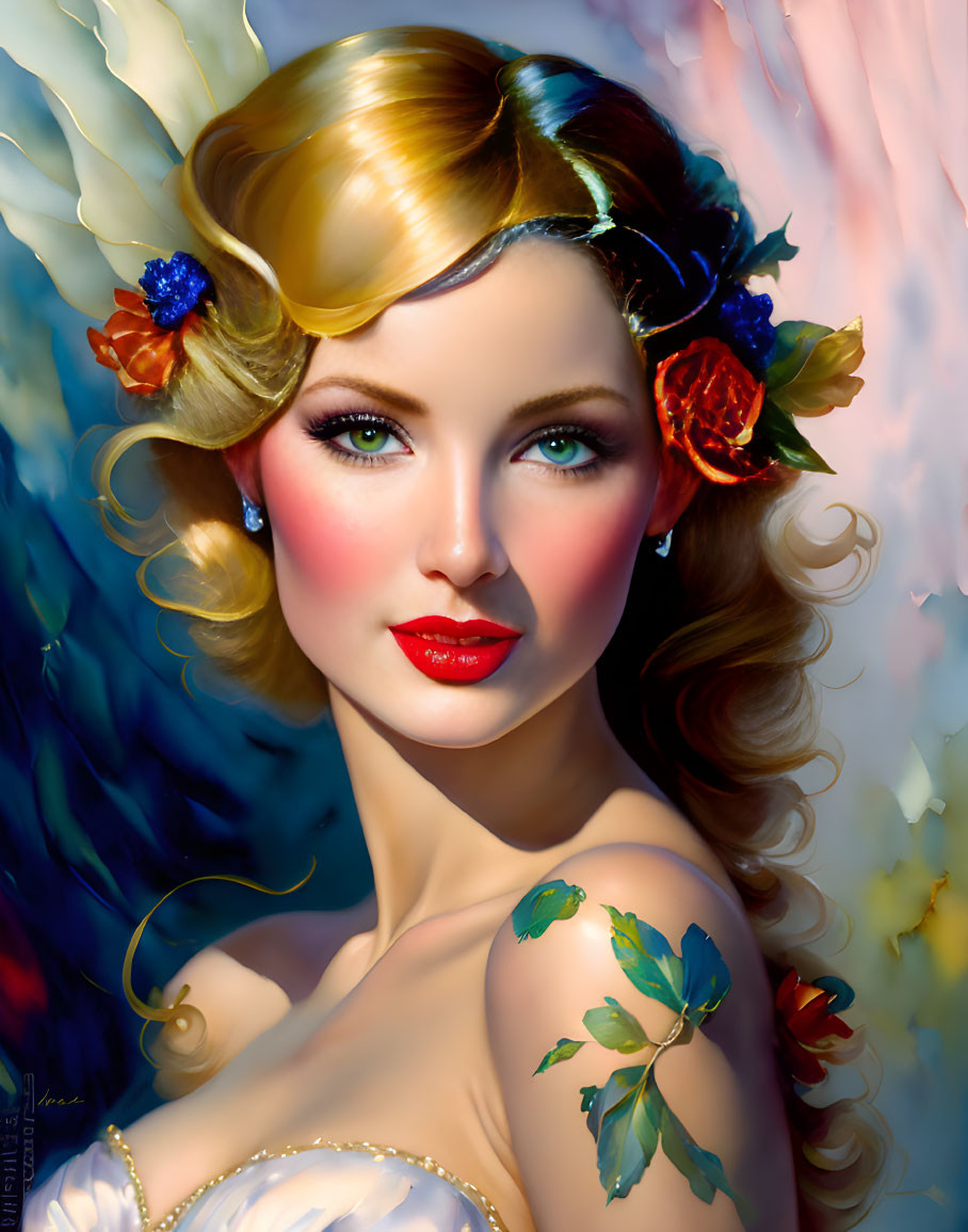 Portrait of woman with golden hair, blue eyes, tattoos, and floral adornments on colorful backdrop