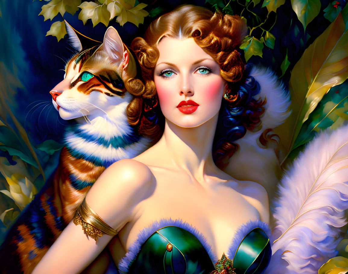 Vivid digital artwork features woman, cat, lush leaves & feathers