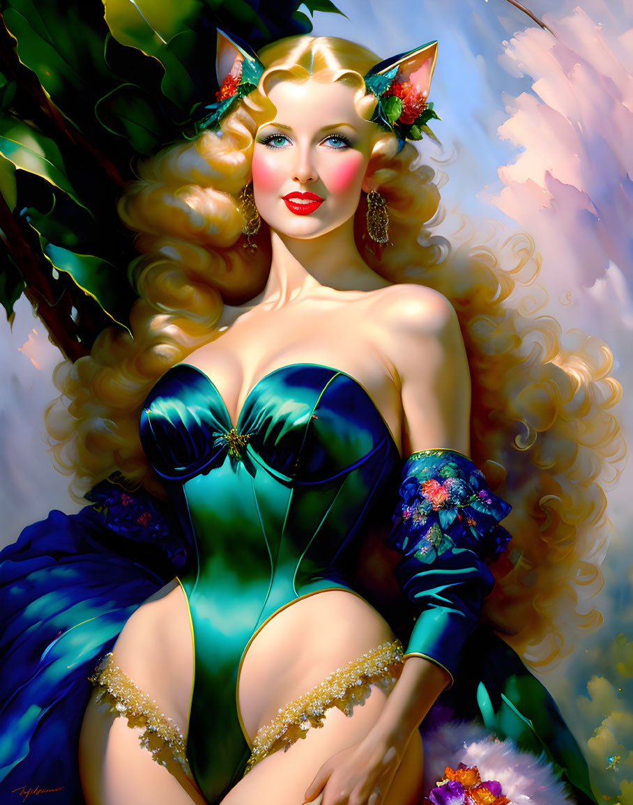 Fantasy-inspired woman with long hair and floral adornments in colorful corset