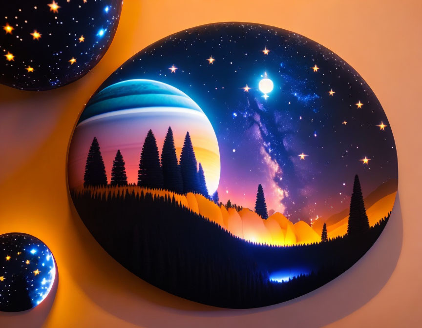 Surreal art: Pine tree silhouettes, mountains, galaxy, moon in circular frames on