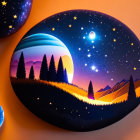 Surreal art: Pine tree silhouettes, mountains, galaxy, moon in circular frames on