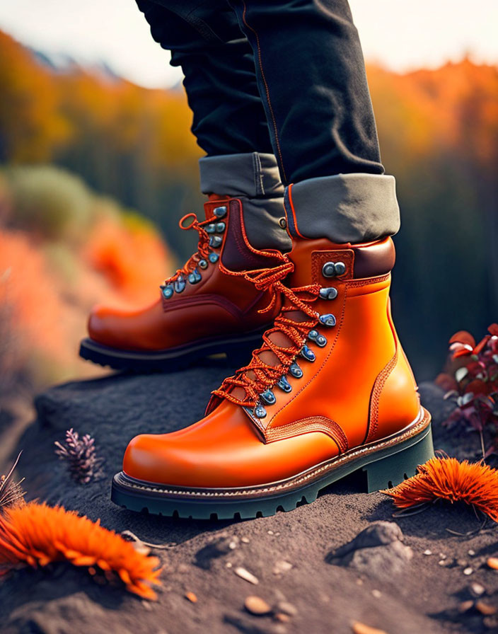 Shiny orange boots with rolled-up dark pants in autumn setting