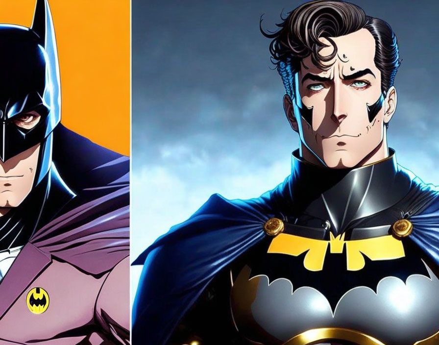 Superheroes Batman and Superman in split image