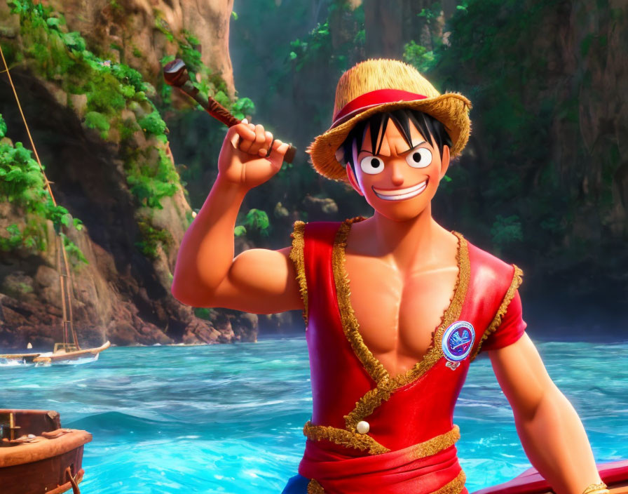 Enthusiastic animated character in straw hat with slingshot by serene coast