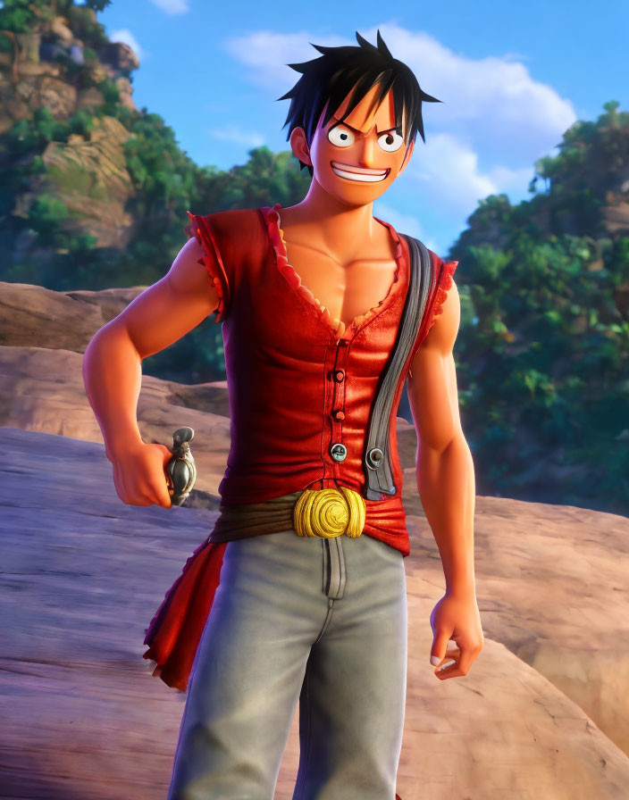 Anime-style character in red vest and blue trousers holding object on rocky backdrop