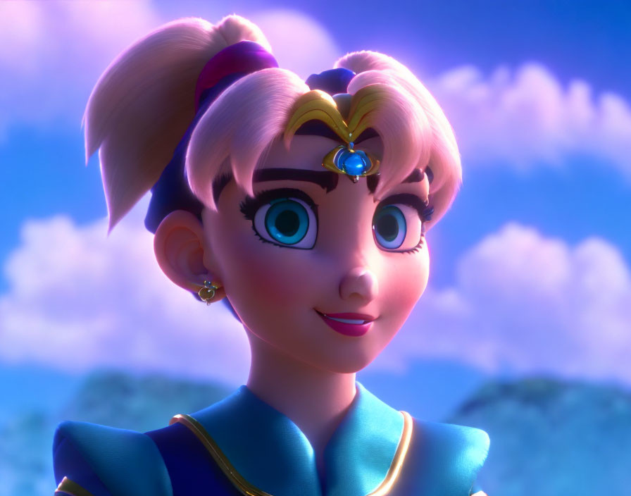 Blonde Haired Female Character with Blue Eyes and Tiara in 3D Animation