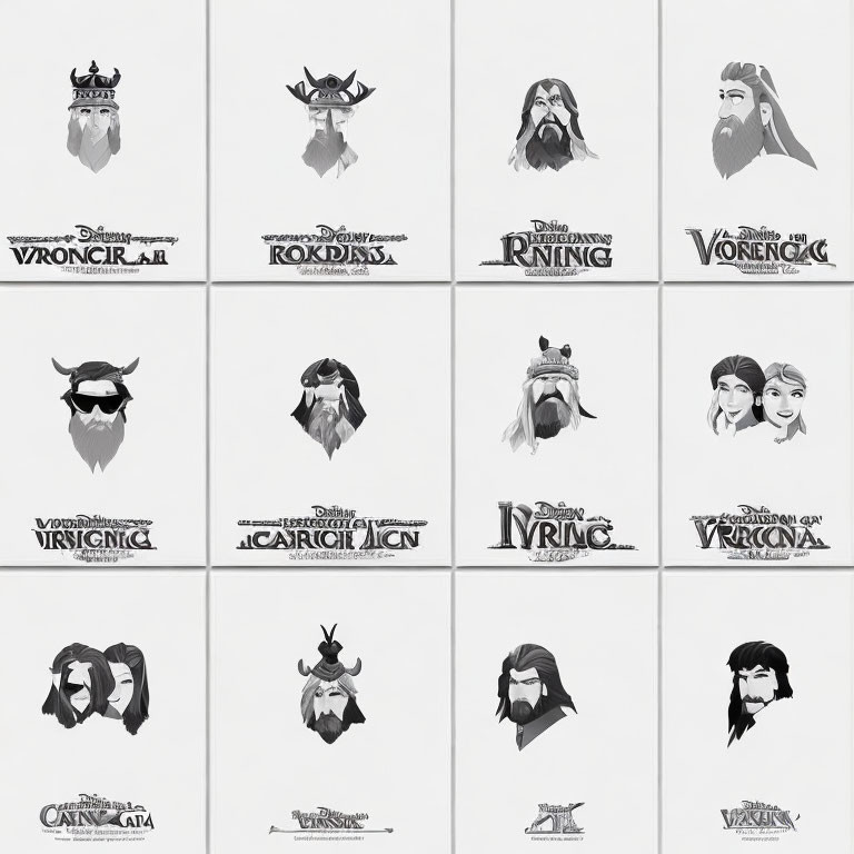 Fantasy Characters with Varied Beard Styles in Monochromatic Illustrations