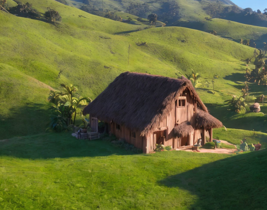 Thatched-Roof Cottage on Green Hillside with Rolling Hills