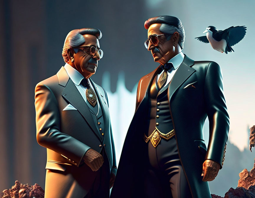 Stylized 3D animated businessmen with bird in city backdrop