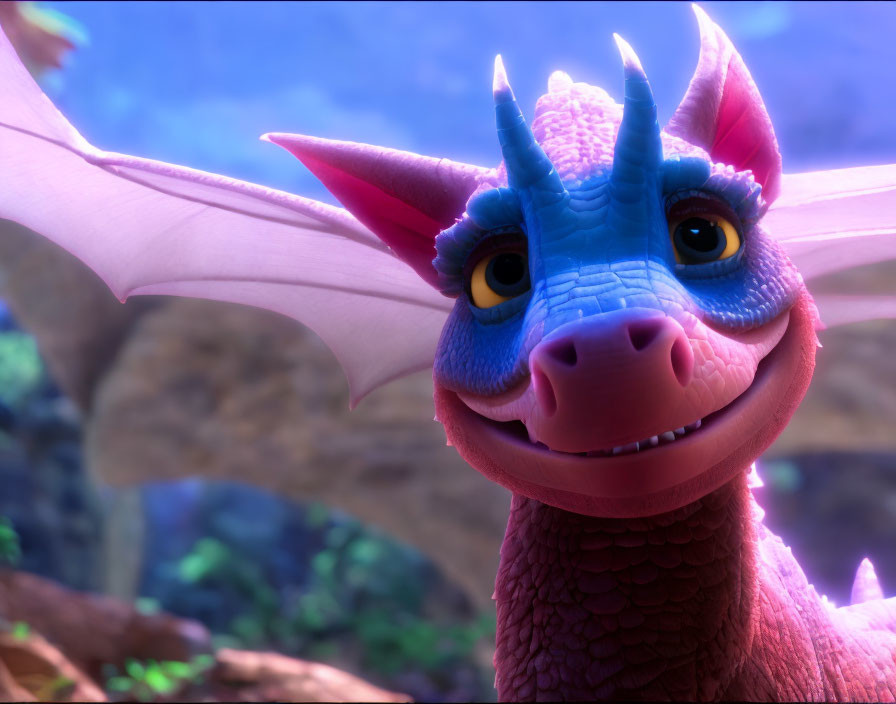 Colorful Animated Dragon Smiling in Forest Setting