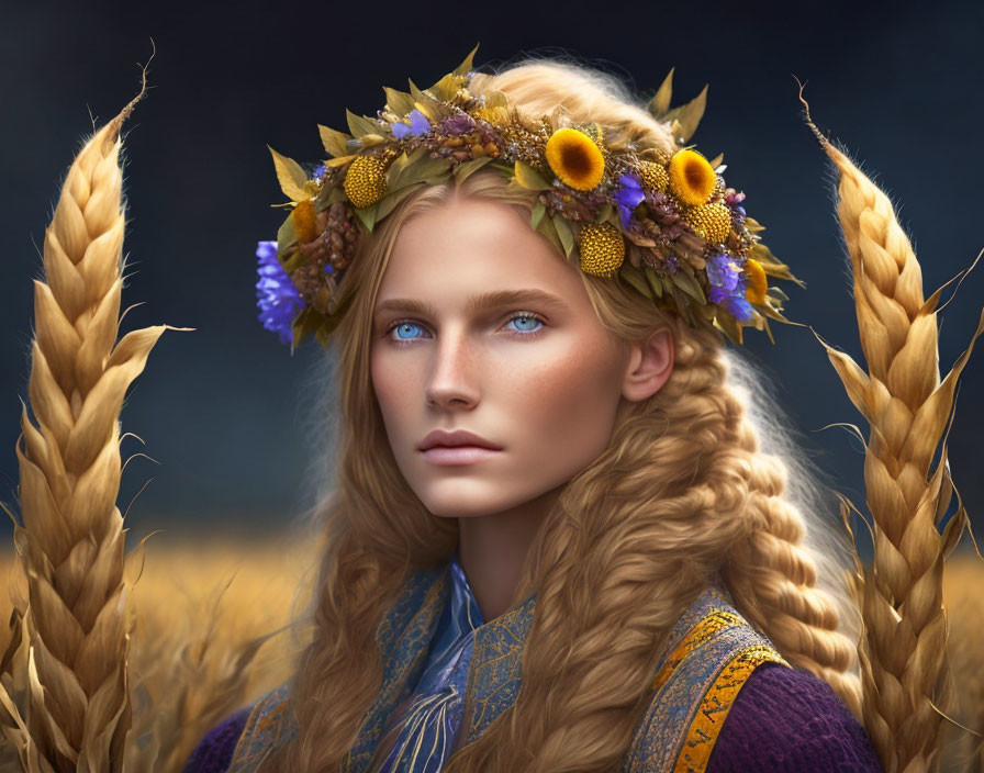 Woman with Blue Eyes Wearing Floral Crown in Wheat Field