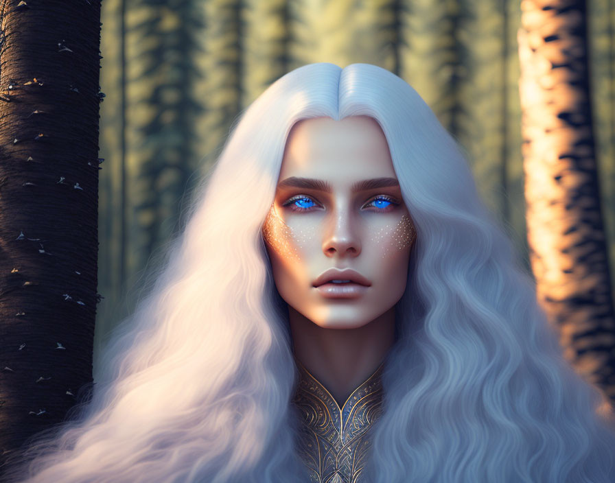 Fantasy character with long white hair in forest setting