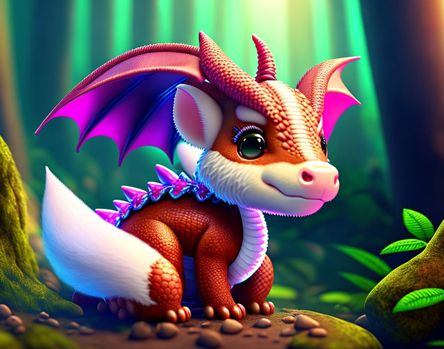 Illustration: Smiling dragon with pink wings in vibrant forest