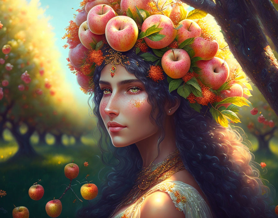 Digital artwork featuring woman with peach headdress and jewelry in sunlit orchard