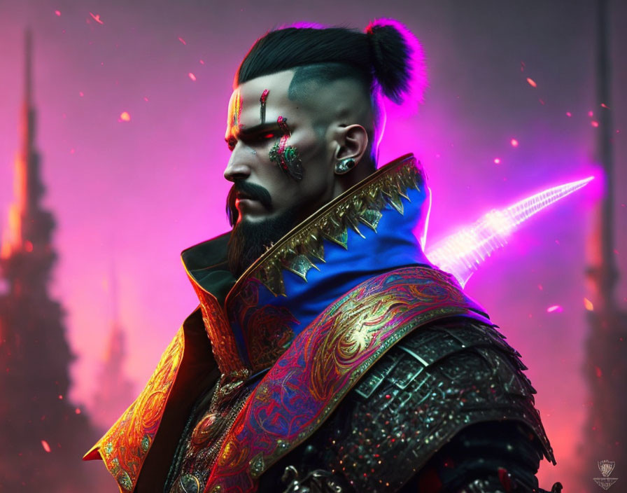 Futuristic warrior with topknot and glowing sword in ornate jacket